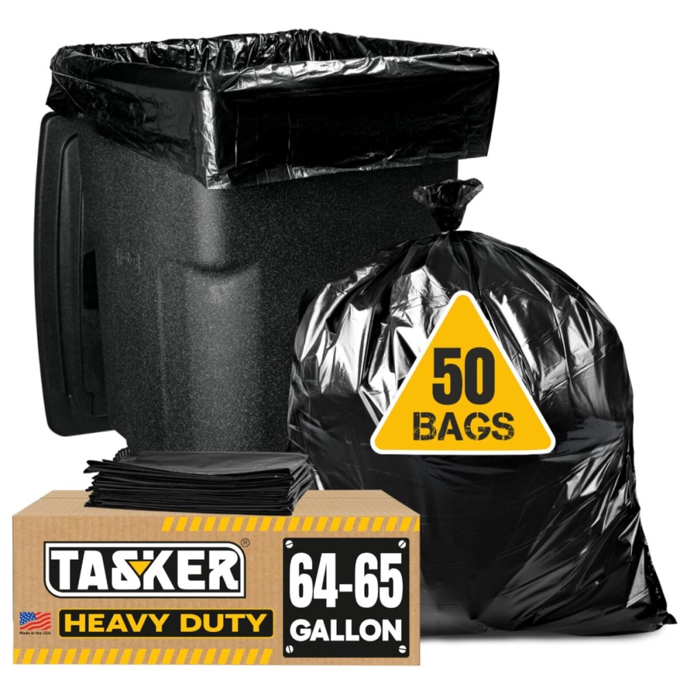 Tasker 65 Gallon Trash Bags Heavy Duty | 50 Count with Ties | Extra Large 64 Gallon Trash Bags for Toter | Garbage Bag 65 Gallon Trash Can Liners