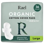 Rael Pads for Women, Organic Cotton Cover - Period Pads with Wings, Feminine Care, Sanitary Napkins, Heavy Absorbency, Unscented (Large, 36 Count)