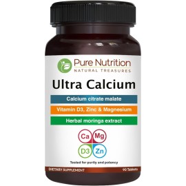 Pure Nutrition Ultra Calcium 1000mg with VIT D3 + K2 | 90 Tab | Highly absorbable Calcium Supplement with Calcium Citrate Malate, VIT D3, K2, Moringa Oleifera, Magnesium and Zinc.