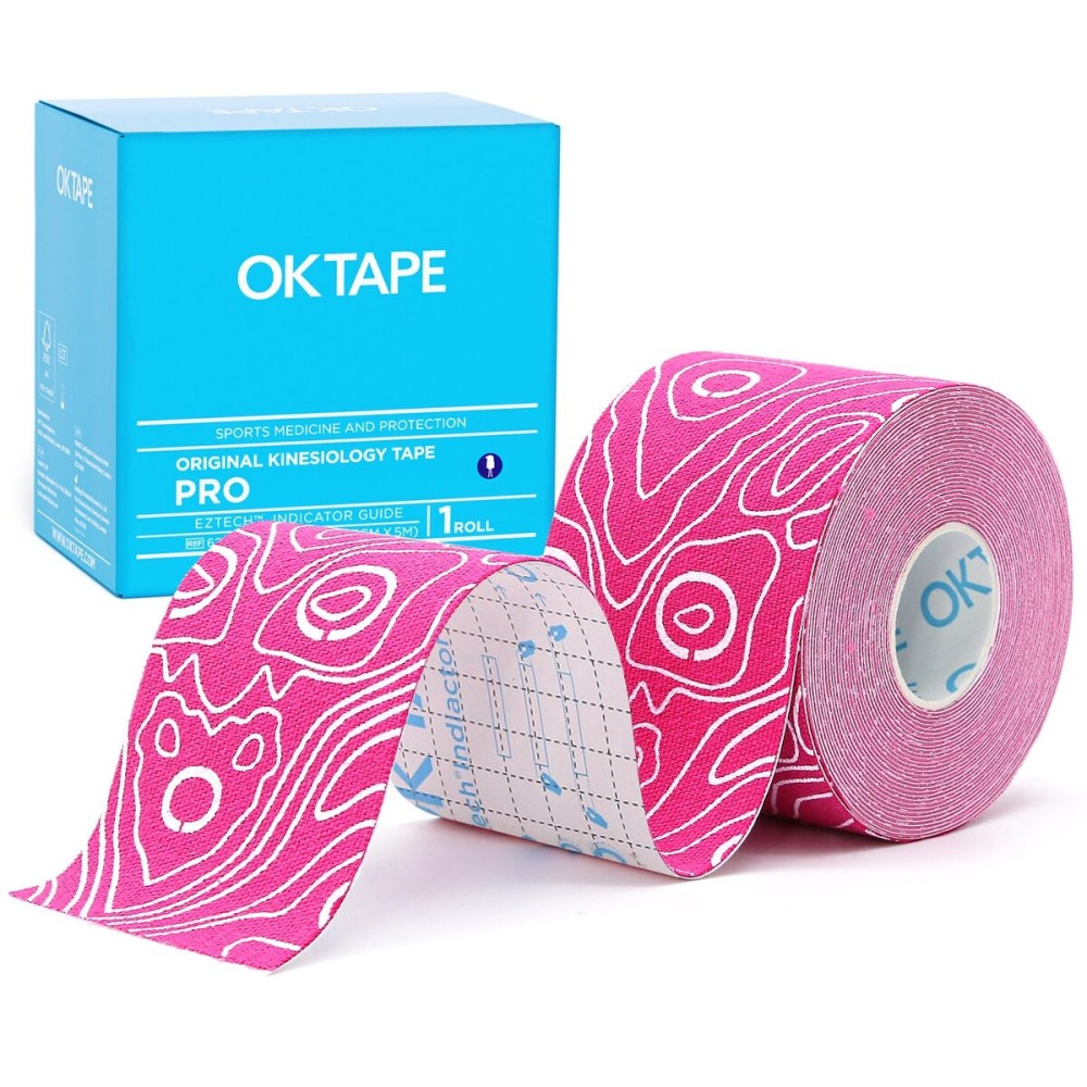 OK TAPE PRO Kinesiology Tape, 2inch x Long Roll 16ft Free Cut Tape, Elastic Athletic Tape Therapeutic Latex Free, Pink+White