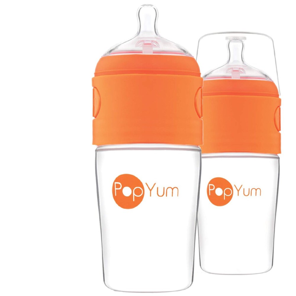 PopYum 9 oz Orange Anti-Colic Formula Making/Mixing/Dispenser Baby Bottles, 2-Pack with 2 Medium Flow Nipples, 260 ml, BPA-Free, Natural Latch