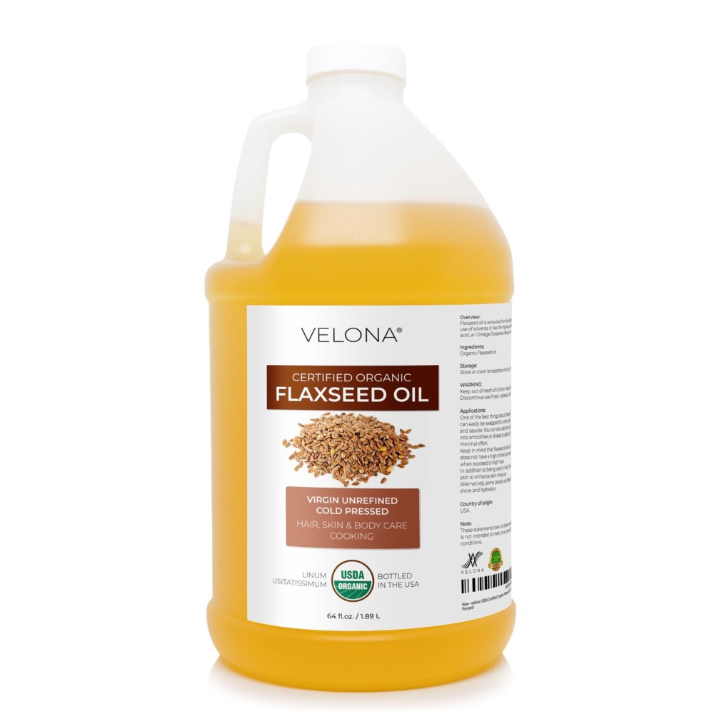 velona USDA Certified Organic Flaxseed Oil - 64 Fl Oz | 100% Pure and Natural Carrier Oil | Unrefined, Cold Pressed |Body, Face & Skin Care | Use Today - Enjoy Results