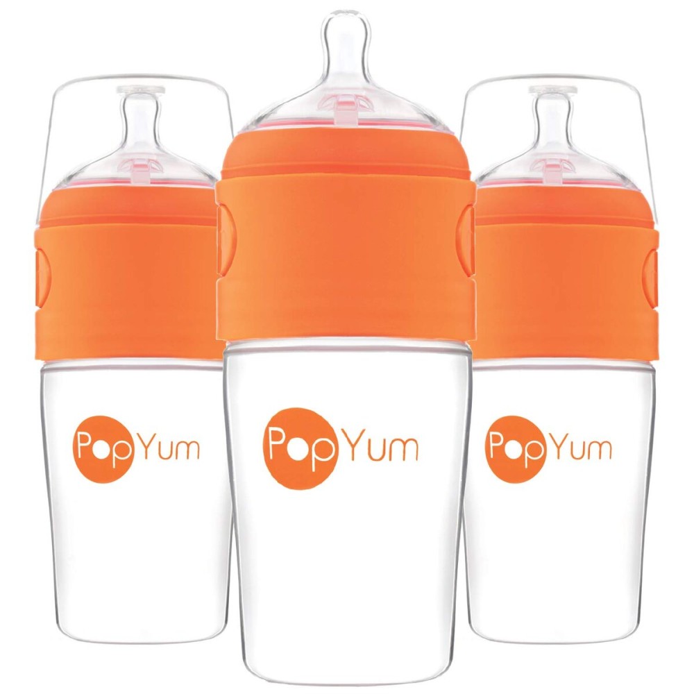 PopYum 9 oz Orange Anti-Colic Formula Making/Mixing/Dispenser Baby Bottles, 3-Pack with 2 Medium Flow Nipples, 260 ml, BPA-Free, Natural Latch