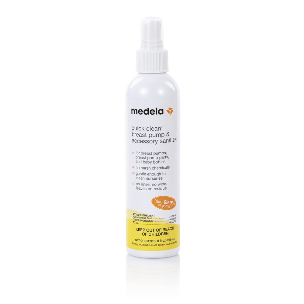 Medela Quick Clean Breast Pump and Accessory Sanitizer Spray Safe No Rinse Breastpump Sterilizer Eliminates 99.9 of Common Bacteria and Germs 8 Fluid Ounces, Clear