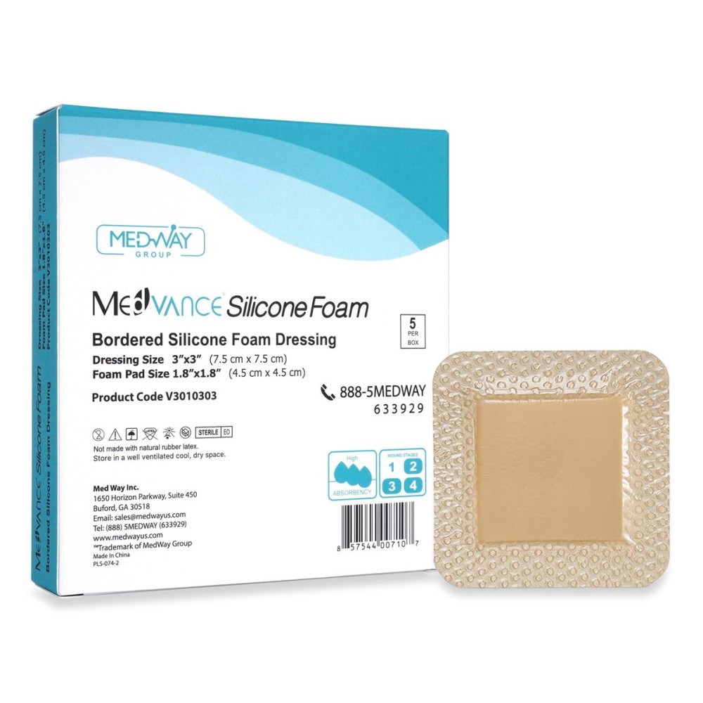 MedVanceTM Silicone - Bordered Silicone Adhesive Foam Dressing, Size 3x3, (1.8x1.8 pad), Box of 5 dressings