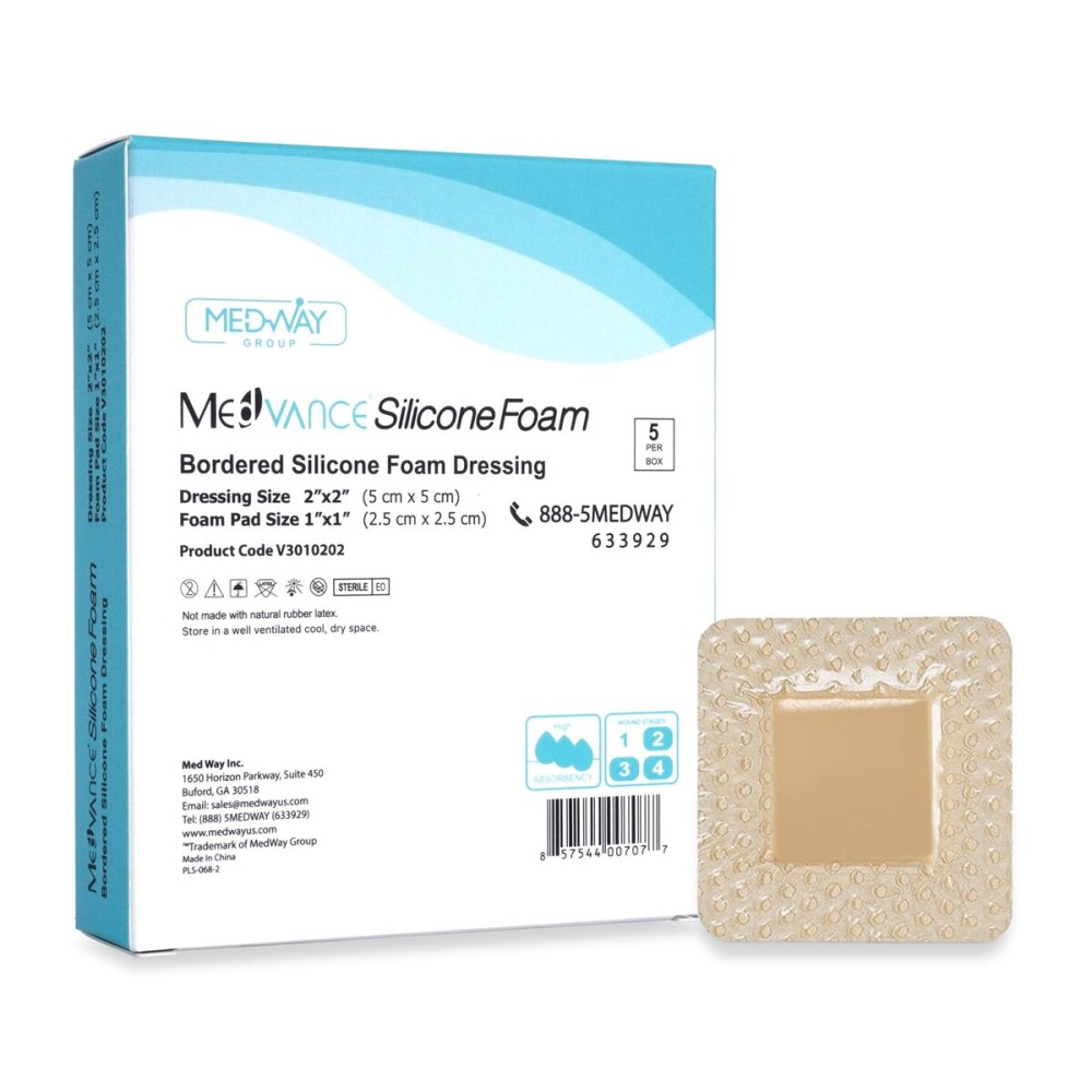 MedVanceTM Silicone - Bordered Silicone Adhesive Foam Dressing Size 2x2 (1x1 Pad), Box of 5 dressings