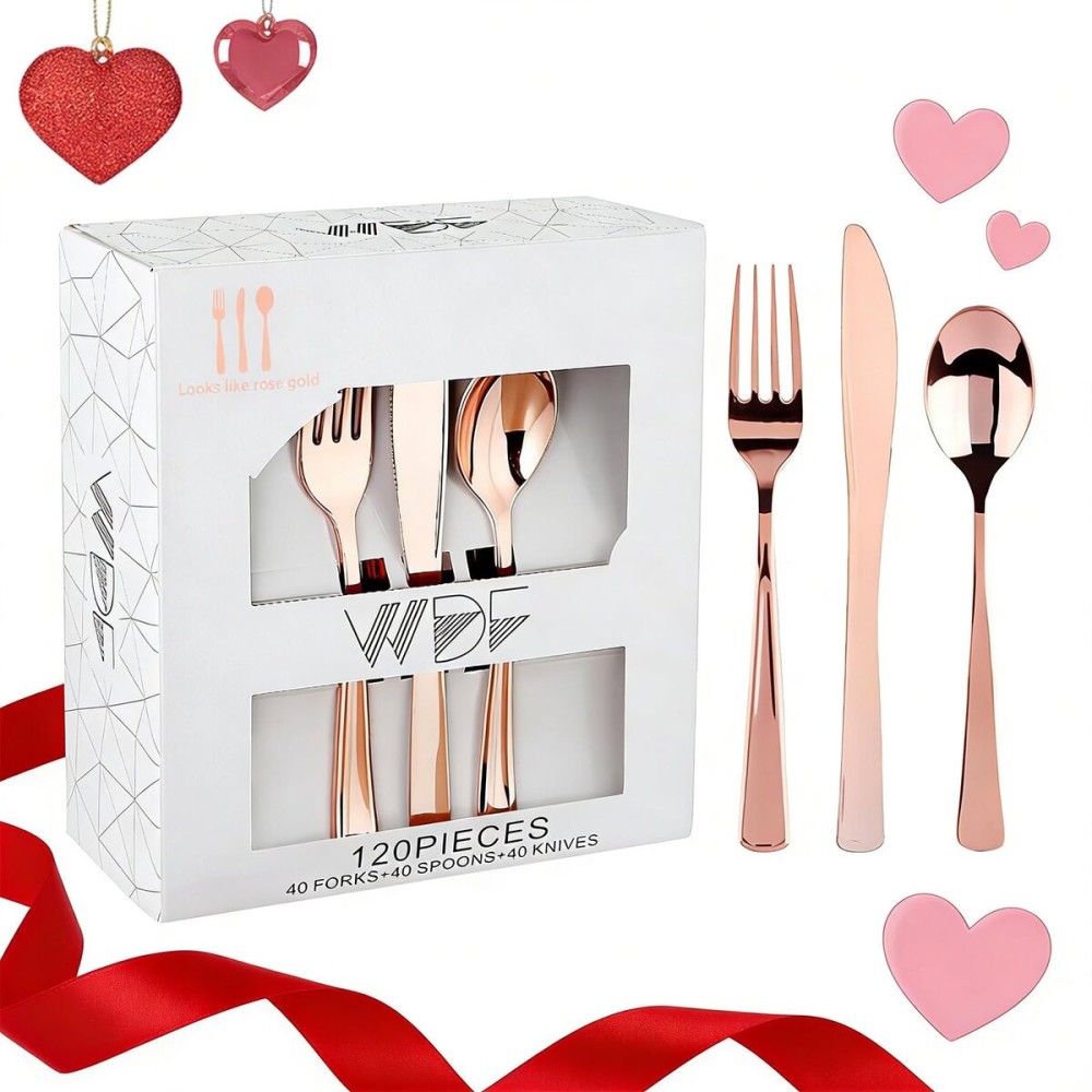WDF 120 Pieces Rose Gold Plastic Silverware- Disposable Flatware Set-Heavyweight Plastic Cutlery- Includes 40 Forks, 40 Spoons, 40 Knives for Valentine\'s Day, Mother\'s Day,Wedding&Party