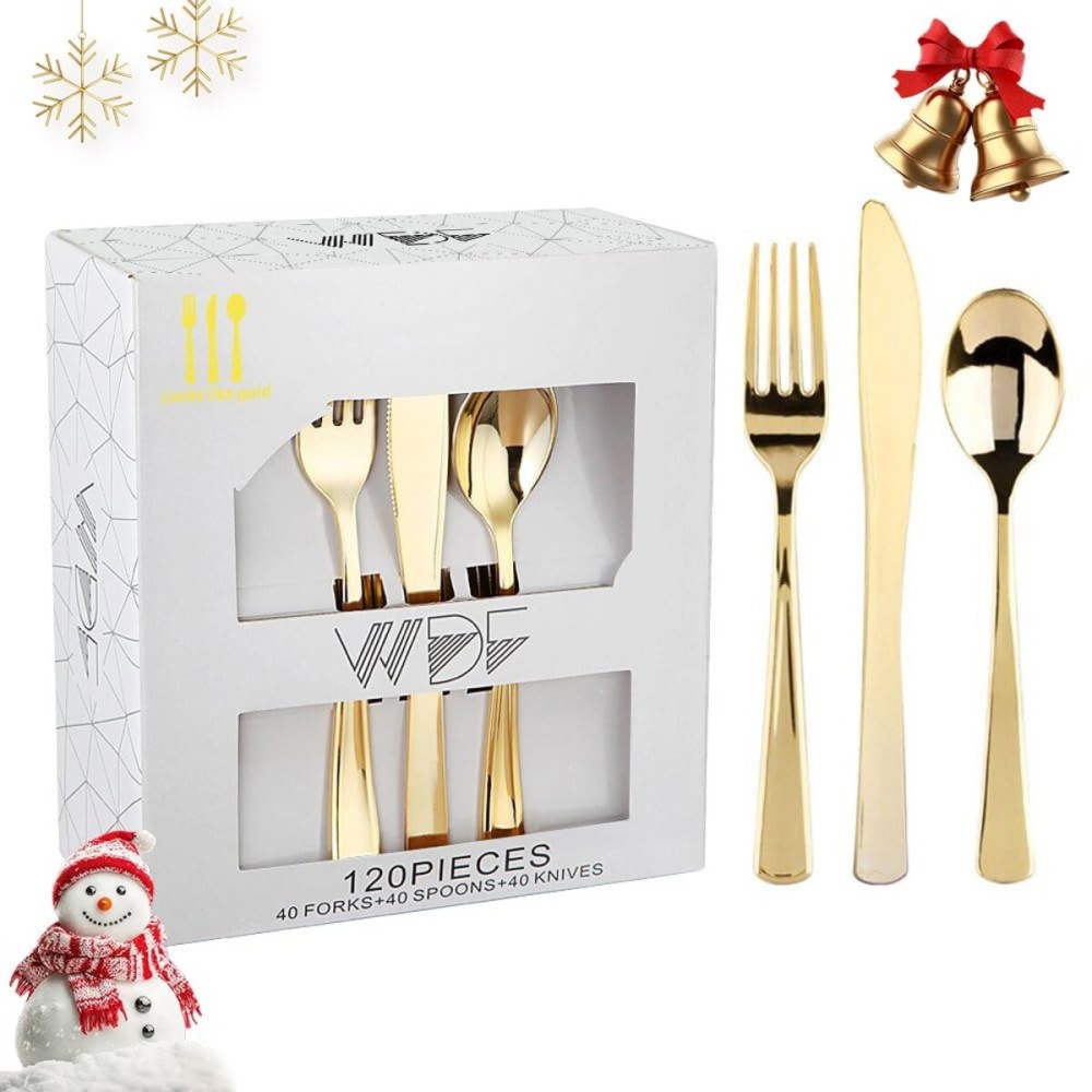 WDF 120 Pieces Gold Plastic Silverware - Disposable Flatware Set - Heavy Duty Christmas Plastic Cutlery - Silverware Includes 40 Forks, 40 Spoons, 40 Knives