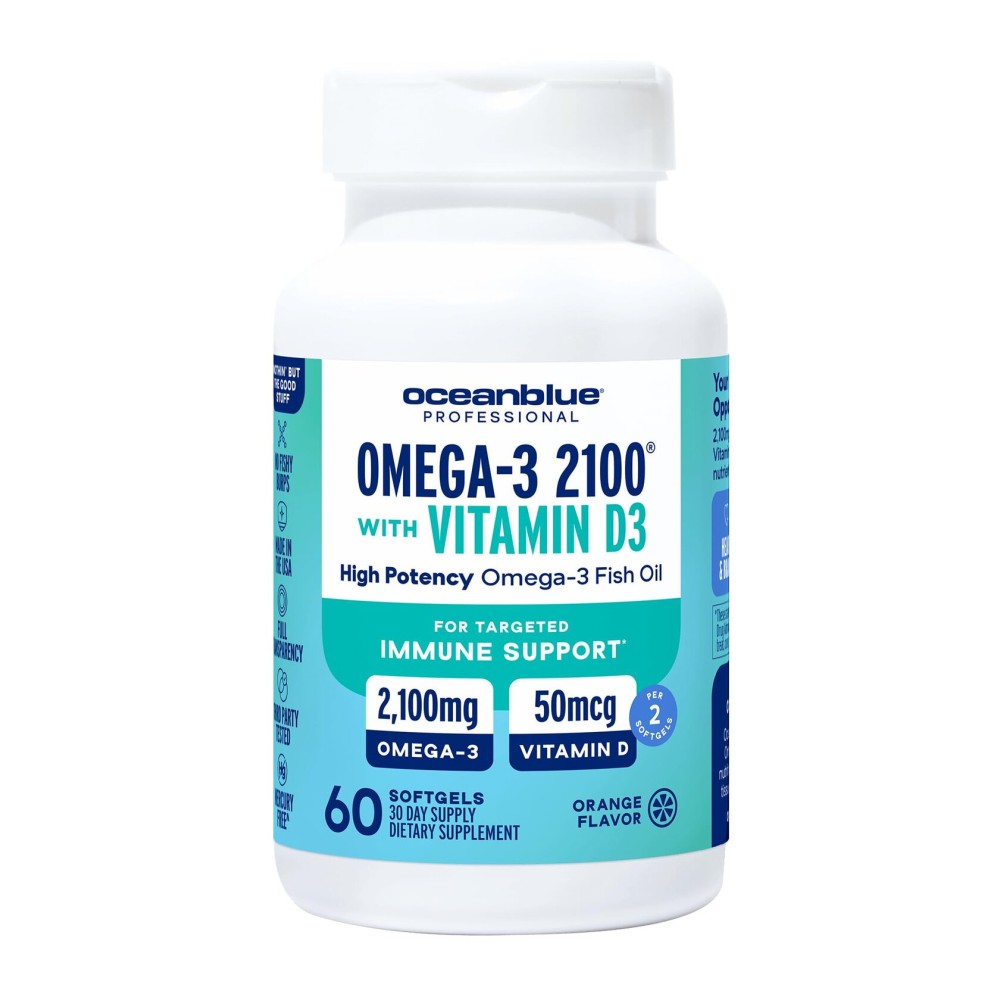 Oceanblue Professional Omega-3 2100 with Vitamin D3 - 60 ct - Triple Strength Burpless Fish Oil Supplement with High-Potency EPA, DHA, DPA and Vitamin D3 - Wild-Caught - Orange Flavor (30 Servings)
