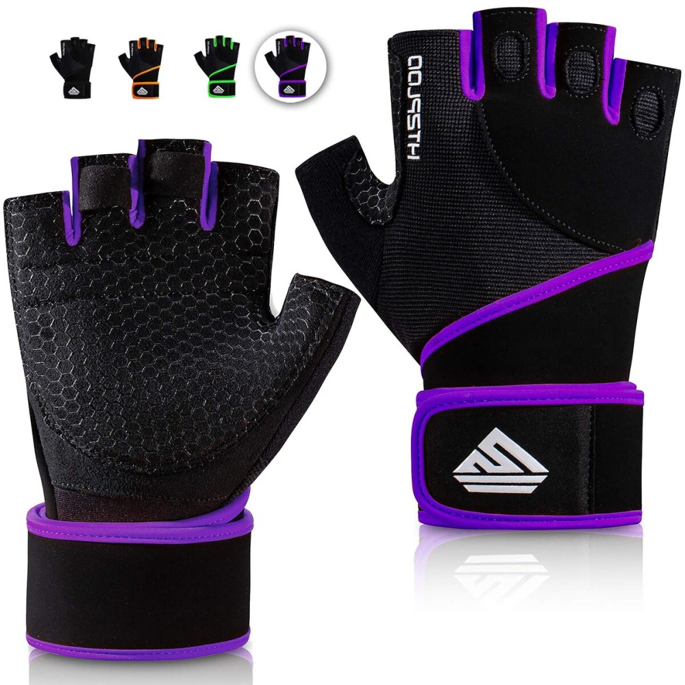 HTZPLOO Workout Gloves for Women - Weight Lifting With Full Palm Pad, Strong Wrist Wraps Support, Enhanced Grip for Fitness, Training, Exercise (Purple, Medium)