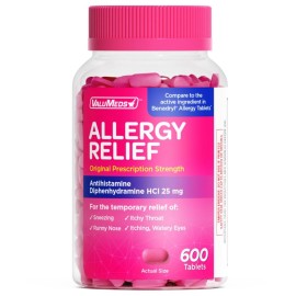 ValuMeds Allergy Medicine Antihistamine, Diphenhydramine HCl 25 mg | Children and Adults | Relieve Itchy Eyes, Runny Nose, Sneezing (25 mg, 600)