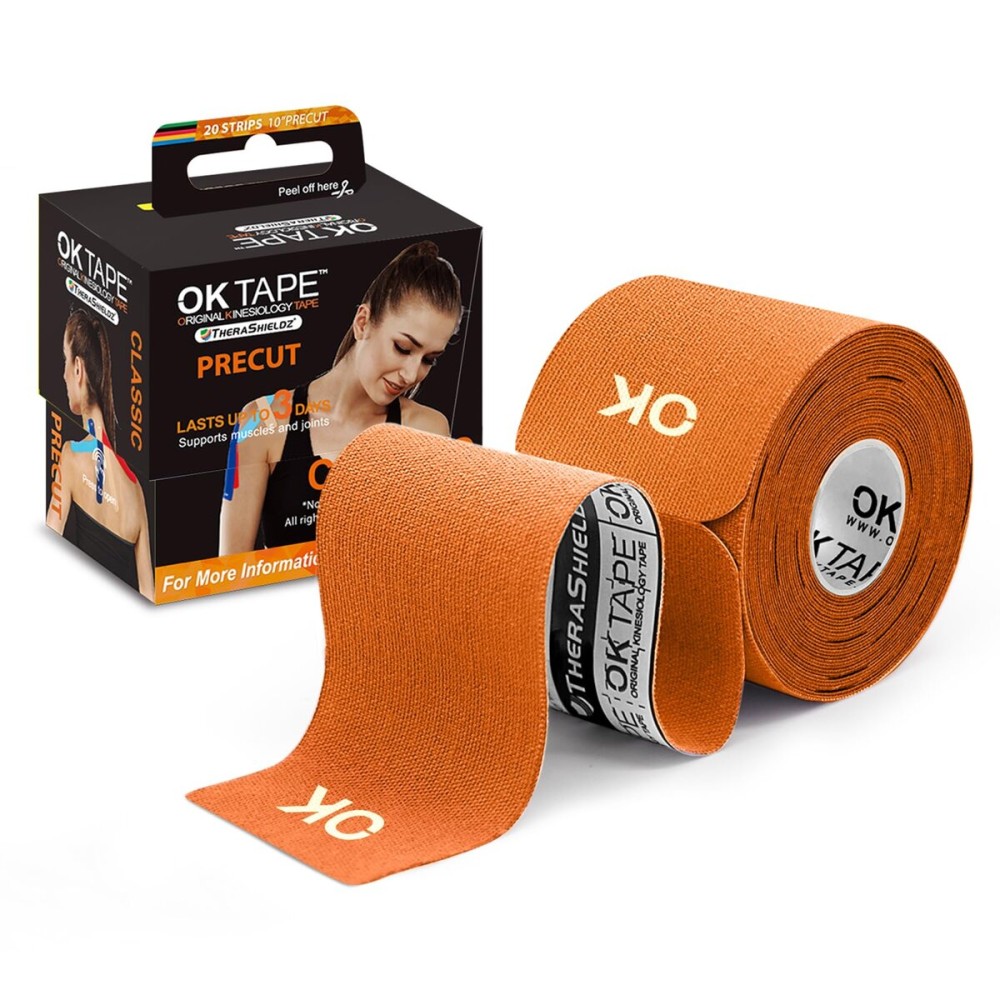 OK TAPE Kinesiology Tape 10 inches Precut, 20 Strips, Cotton Elastic Athletic Tape Latex Free, 2in x 16ft, Orange