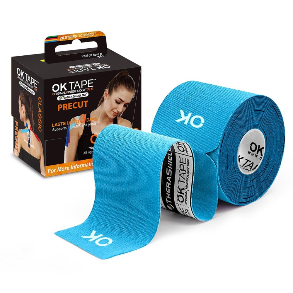 OK TAPE Kinesiology Tape 10 inches Precut, 20 Strips, Cotton Elastic Athletic Tape Latex Free, 2in x 16ft, Light Blue