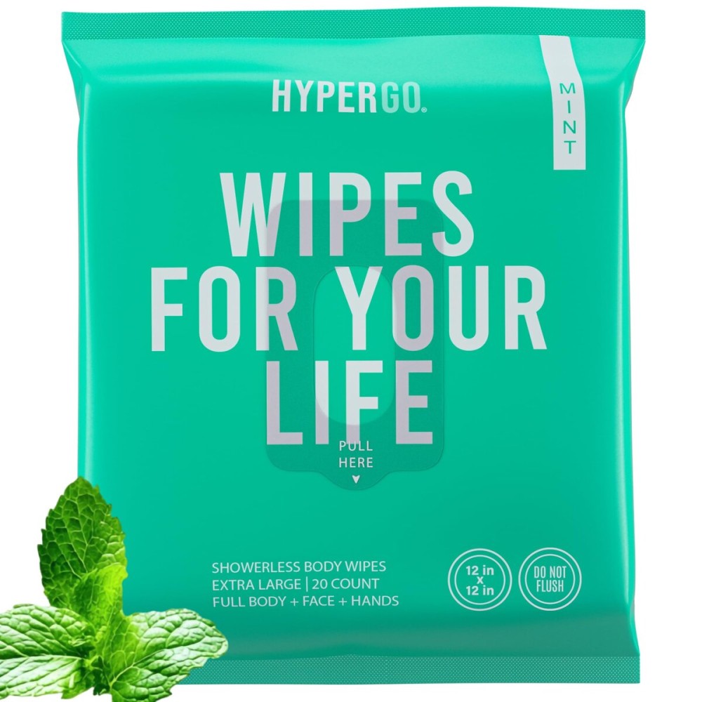 HyperGo XL Body Wipes for Women & Men - 12 x12 Rinse-Free Full Body Cleansing Wipes 20 Count Pack - Mint | Biodegradable, Hypoallergenic, Aloe-Infused | Gym, Festival, Camping Essentials