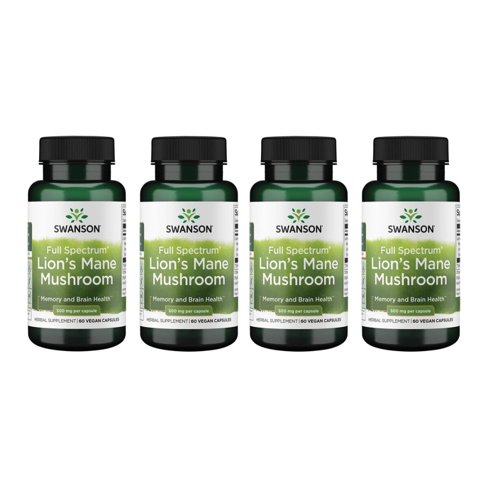 Swanson Lion\'s Mane Mushroom - Herbal Supplement Promoting Mental Focus & Memory Support - Traditional Brain Booster Supplement Made from Hericium Erinaceus - (60 Capsules, 500mg Each) 4 Bottles