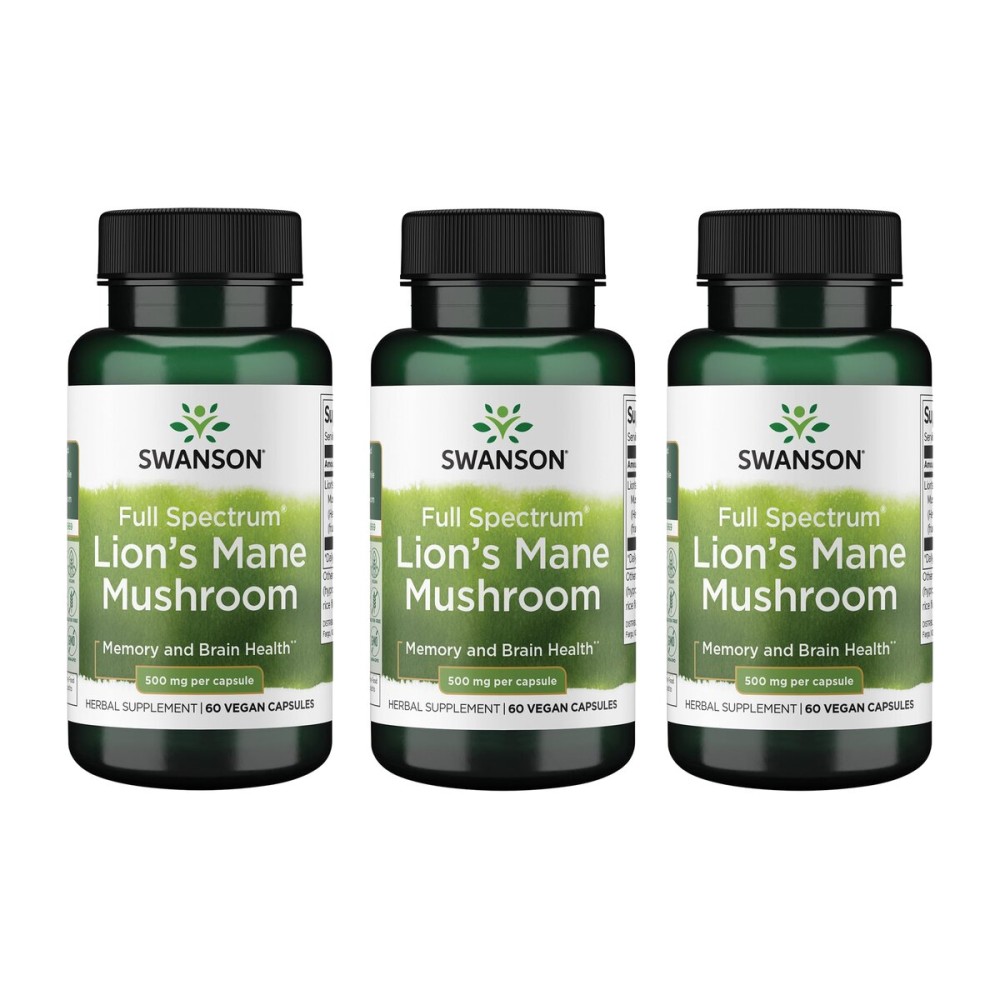 Swanson Lion\'s Mane Mushroom - Traditional Brain Booster Supplement Made from Hericium Erinaceus (60 Capsules, 500mg Each) 3 Pack