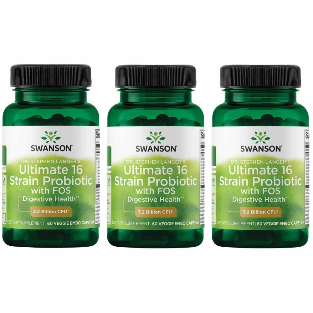 Swanson Dr. Stephen Langer\'s Formula - Natural Probiotic w/Prebiotic FOS - 16-Strain Supplement Promoting Digestive Support w/ 3.2 Billion CFU per Capsule - (60 Veggie Capsules) 3 Pack