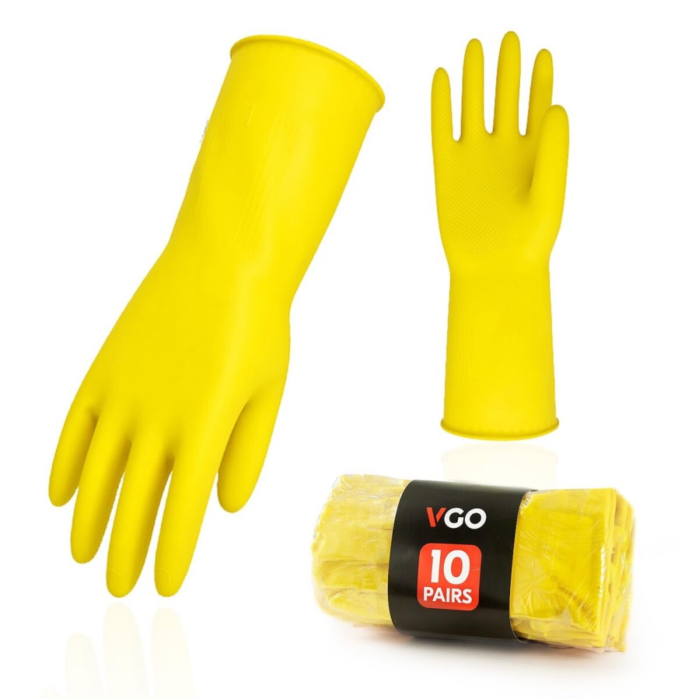 Vgo... 10-Pairs Reusable Household Gloves, Rubber Dishwashing gloves, Extra Thickness, Long Sleeves, Kitchen Cleaning, Working, Painting, Gardening, Pet Care (Size L, Yellow, HH4601)