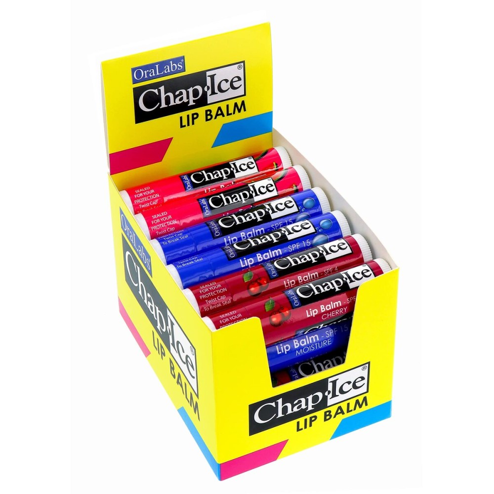 Chap-Ice | Premium and Traditional Lip Balm for Chapped, Dry, or Windburned Lips | 3 Flavor Assorted (SPF-15) - Cherry, Moisture & Watermelon - 24 Sticks (0.15oz/4.25g)