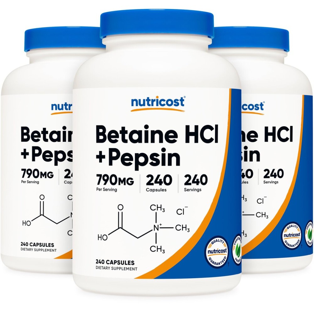 Nutricost Betaine HCl + Pepsin 790mg, 240 Capsules, 3 Bottles (720 Capsules)