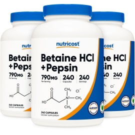 Nutricost Betaine HCl + Pepsin 790mg, 240 Capsules, 3 Bottles (720 Capsules)