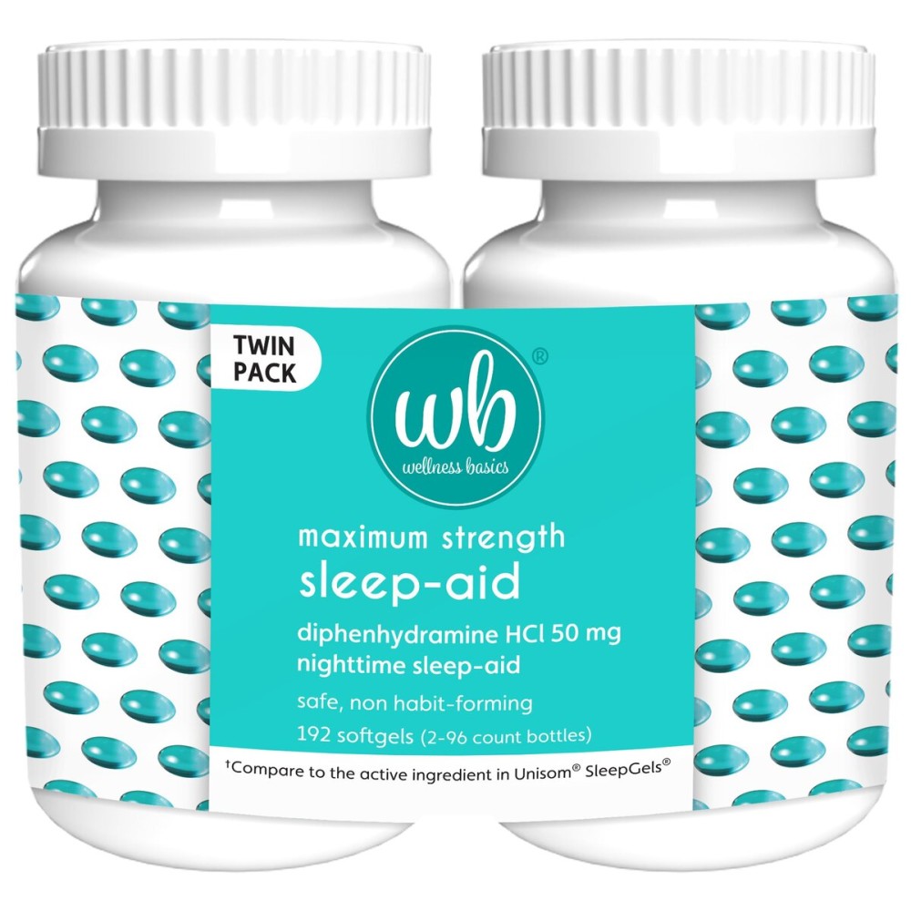 Wellness Basics Sleep Aid | Maximum Strength Diphenhydramine HCl 50 mg | Non-Habit Forming | Twin Pack -192 Total Softgels for Restful Sleep