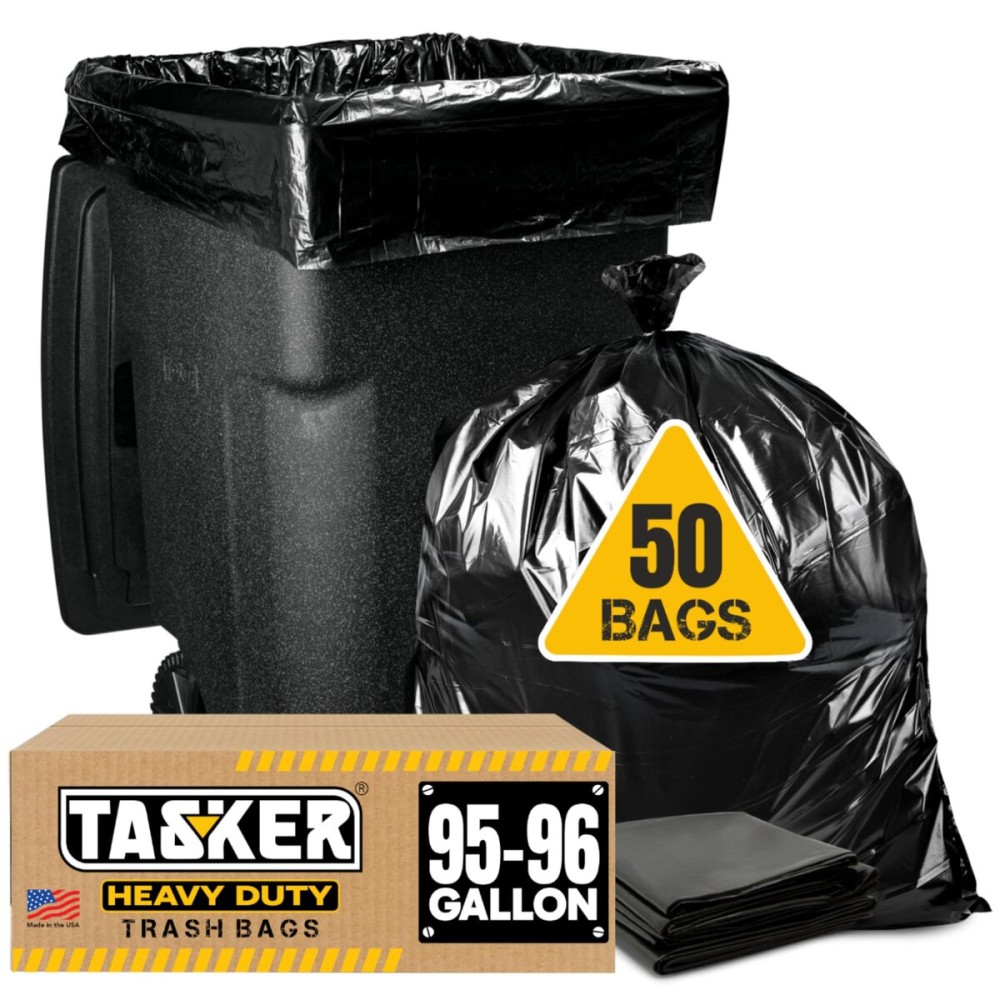 Tasker 95-96 Gallon Trash Bags Heavy Duty (Mega-Value 50/Bags w/Ties) 95-100 Gallon Trash BagsBlack Heavy Duty Trash Bag Extra Large Garbage Bags