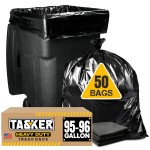 Tasker 95-96 Gallon Trash Bags Heavy Duty (Mega-Value 50/Bags w/Ties) 95-100 Gallon Trash BagsBlack Heavy Duty Trash Bag Extra Large Garbage Bags