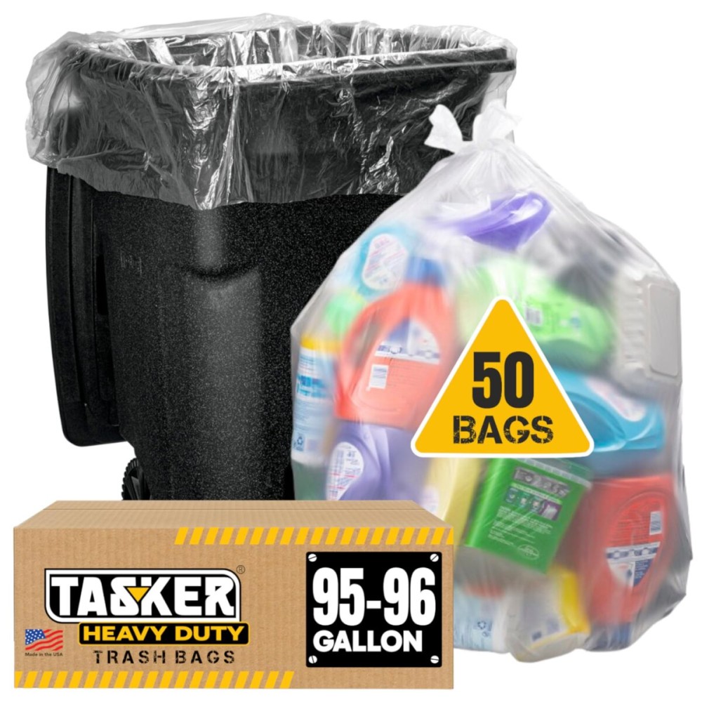 Tasker 95-96 Gallon Trash Bags, (Value Pack 50 Bags w/Ties) Extra Large Heavy Duty Clear Plastic Recycling Trash Bags, 90 Gallon, 95 Gallon, 96 Gallon, 100 Gallon (Clear)