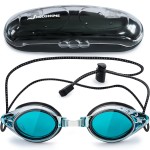 Proswims Anti-Fog Racing Swimming Goggles Blue Lens with Quick Adjustable Elastic Bungee Strap, Hard Case and Bonus Swim Goggles Microfiber Cleaning Cloth