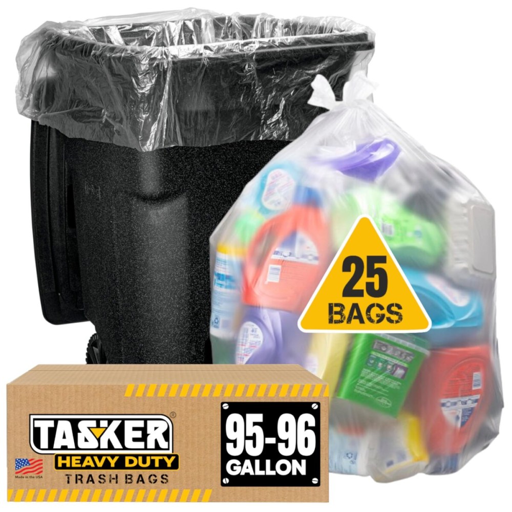 Tasker 95-100 Gallon Clear Trash Bags Heavy Duty | 25 Bags | Extra Large 96 Gallon Trash Bags Large Clear Can Liners, Large 90 Gal, 95 Gal, 96 Gal,100 Gallon Heavy Duty Trash Can Liners
