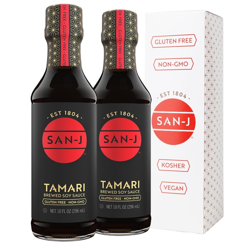San-J - Gluten Free Tamari Soy Sauce - Specially Brewed - Made with 100% Soy - 10 oz. Bottles - 2 Pack - Includes a Collector\'s Tin