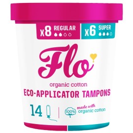 Flo - Organic Cotton Tampons for Women - 14 Pack (8 Regular, 6 Super) - Leak Proof - No Synthetic Fibers, Chlorine Bleach, or Added Dyes - Bio-Plastic Applicator - Feminine Care - Vegan & Cruelty Free