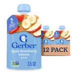 Gerber Stage 2 Baby Food, Apple Strawberry Banana Puree Pouch, 2 Servings of Fruit, No Added Sweetener, No Artificial Colors or Flavors, 12-Pack