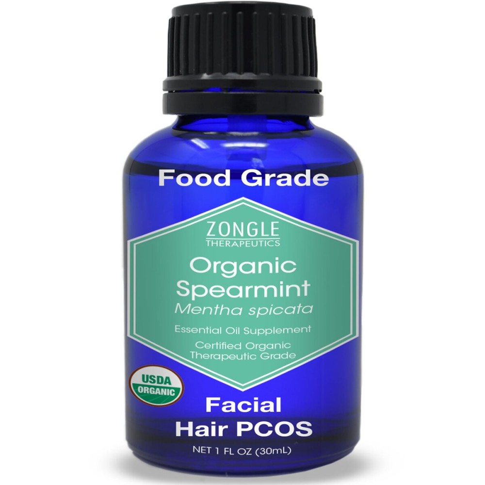 Organic, Spearmint Oil, Food, Grade, for Facial Hair, PCOS, Hair Removal - 100% Pure, Therapeutic, Spearmint Essential Oil, by Zongle Therapeutics, 1 OZ