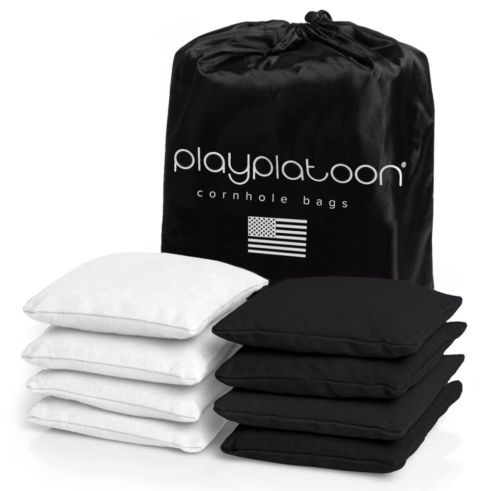 Play Platoon Weather Resistant Cornhole Bags - Set of 8 Regulation Corn Hole - White & Black - Durable Duck Cloth Corn Hole for Tossing Game, Includes Tote Bag