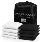 Play Platoon Weather Resistant Cornhole Bags - Set of 8 Regulation Corn Hole - White & Black - Durable Duck Cloth Corn Hole for Tossing Game, Includes Tote Bag