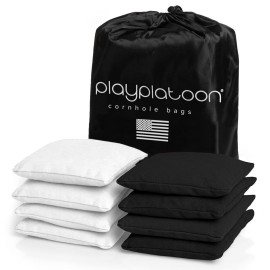 Play Platoon Weather Resistant Cornhole Bags - Set of 8 Regulation Corn Hole - White & Black - Durable Duck Cloth Corn Hole for Tossing Game, Includes Tote Bag