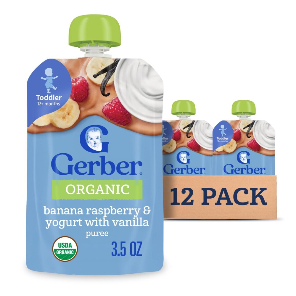 Gerber Toddler Food, Organic Banana Raspberry Yogurt with Vanilla Puree Pouch, Toddler Pouches, No Added Sweetener, No Artificial Colors or Flavors, 12-Pack