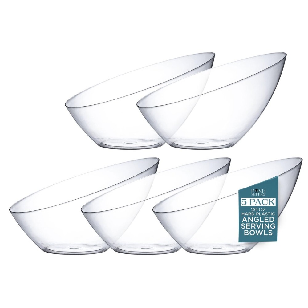 Posh Setting Crystal Clear, Disposable Premium Hard Plastic Medium Angled Bowl, Party, Salad, Snack and Fruit Bowl 5 Pack