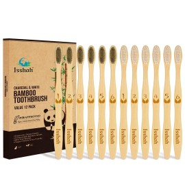 Isshah Biodegradable Eco-Friendly Natural Bamboo Charcoal Toothbrushes, FSC Certified and PETA Approved - 12 Count
