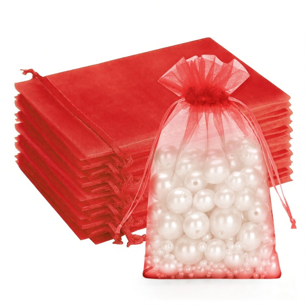 G2PLUS Red Organza Bags, 100PCS Red Organza Gift Bags 4x6, Sheer Mesh Drawstring Bag, Jewelry Pouches, Small Tulle Candy Bag for Christmas, Wedding Party Favors