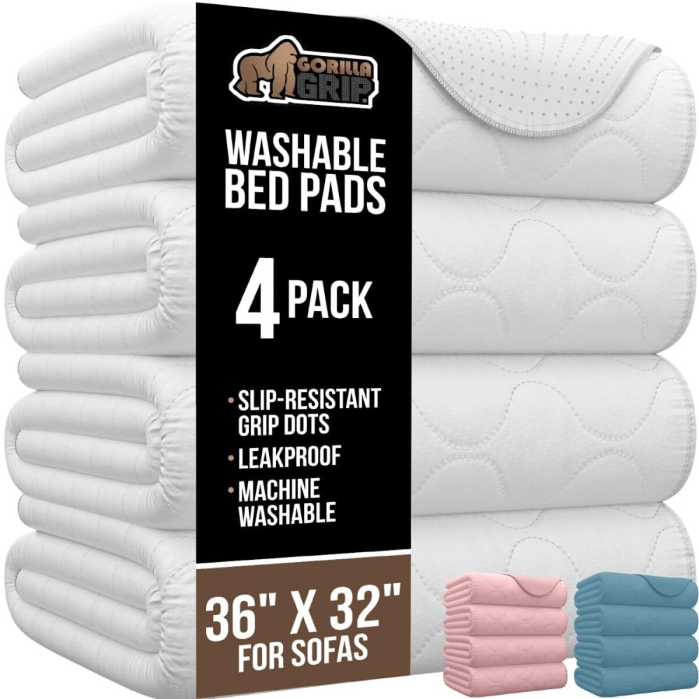 GORILLA GRIP Washable Underpads, 36x32 4 Pack Waterproof Reusable Heavy Absorbency Incontinence Bed Pads, Leak Proof Toddler Mattress Pad, Slip Resistant for Bedwetting, Adults and Kids, White