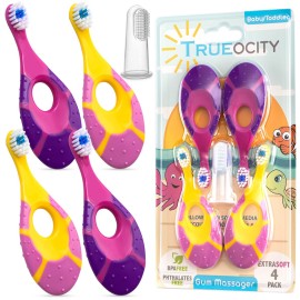 Baby Toothbrush 12 months and up - Toddler Toothbrush - Soft Bristles - Child Sized Brush Heads - Infant toothbrush - Kids Tooth Brush - Easy Storage - Girl Set (4-Pack, Pink & Purple - Color)