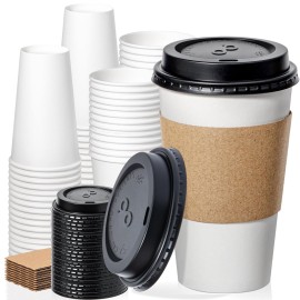 Fit Meal Prep 50 Pack 16 oz Disposable Coffee Cups with Lids, Sleeves, Leak-Proof To Go Coffee Cups with Lids, Durable Paper Cups for Hot Beverage, Home, Office, Party