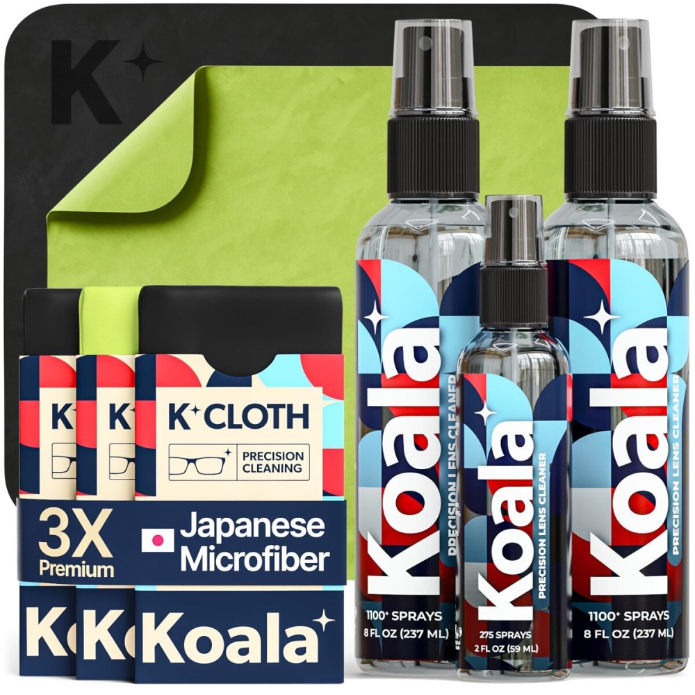 Koala Eyeglass Lens Cleaner Spray Kit | (2x) 8oz + (1x) 2oz Glasses Cleaner Bottle + (3x) Microfiber Cloth | Alcohol Free Eyeglasses, Screen, and Camera Cleaning Kit (6 Piece Set)