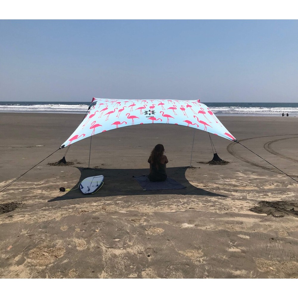 Neso Grande Portable Beach Tent Sun Shelter - Lightweight Beach Shade Canopy - Easy Setup for Family Outings - Patented Reinforced Corners - UPF 50+ Sun Protection - 7ft Tall, 9 x 9ft - Flamingos
