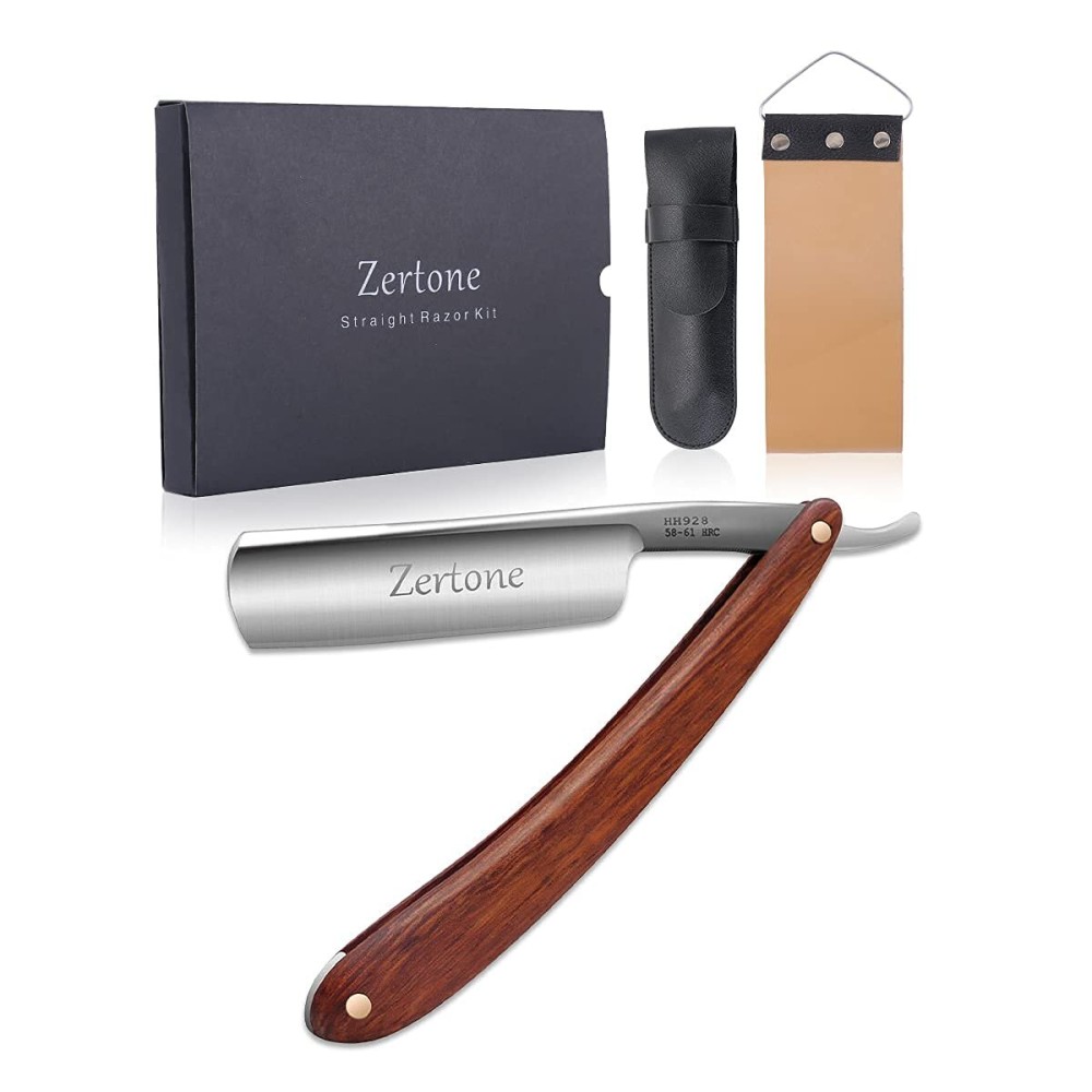 Zertone Straight Razors for Men Kit with Strop - Straight Edge Razor Natural Wood Scale - Sharp, High Hardness Carbon Steel Cutthroat Straight Razor Shaving Kit, Vintage Wood Handle, Barber Razor
