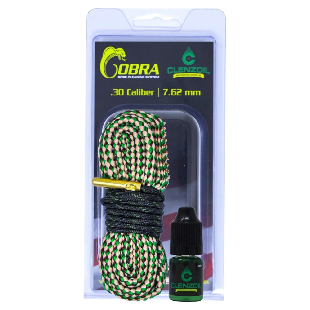 CLENZOIL Field & Range 30 Caliber - 7.62MM Cobra Bore Cleaner | Gun Barrel Cleaning Tool for 30-06, 308, 300 BLK, 30-30 | Brass Brush Embedded in Rifle & Carbine Length Cotton Bore Rope