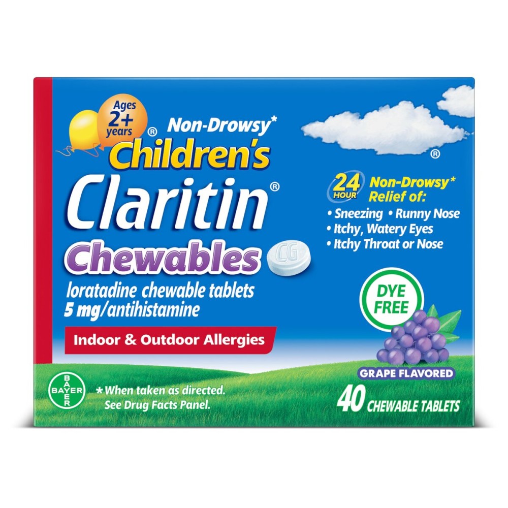 Claritin Children\'s Allergy Medicine, 24-Hour Non-Drowsy Loratadine 5mg Chewable Tablet, Antihistamine for Kids Ages 2 Years and Older, Grape Flavored, 40 tablets